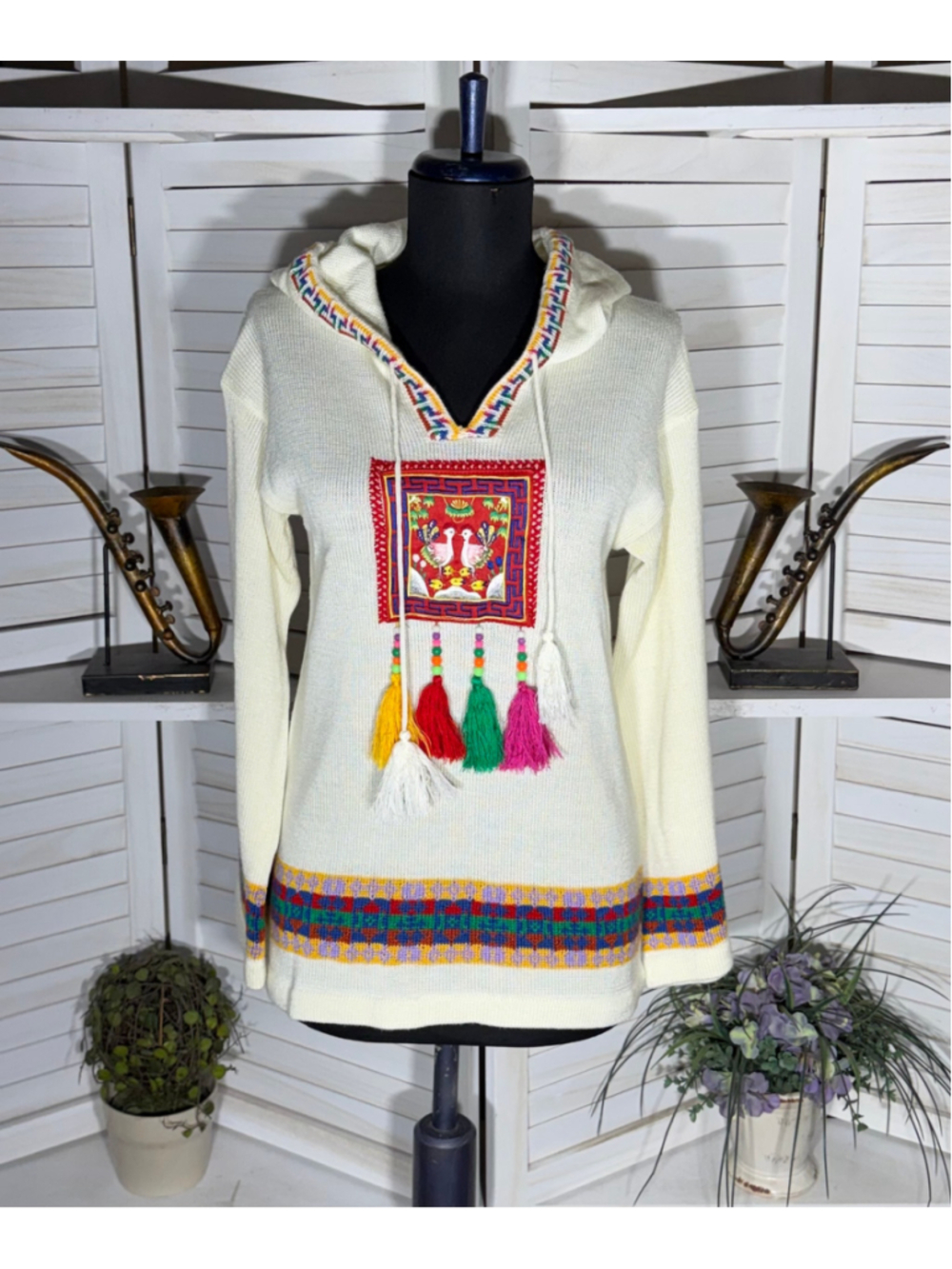 vintage 70s hippie knit sweater boho ethnic art western hooded fringes cottage M